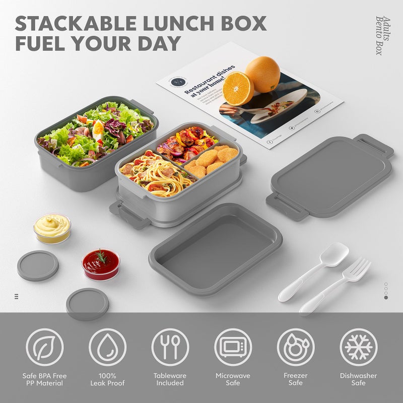 Jelife Adult Bento Box Lunch Box - 3 Layers Stackable Bento Lunch Box for Adults  72oz Large-Style All-in-One Bento Boxes Leak-Proof Lunchbox with Utensil Sauce Containers for Dining Out Work  Grey - Image 2